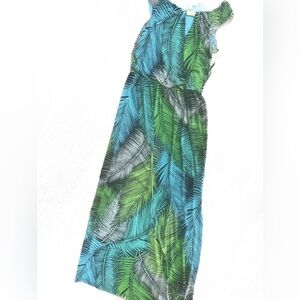 Maxi dress London Times palm trees tropical blue green vacation ocean vacation